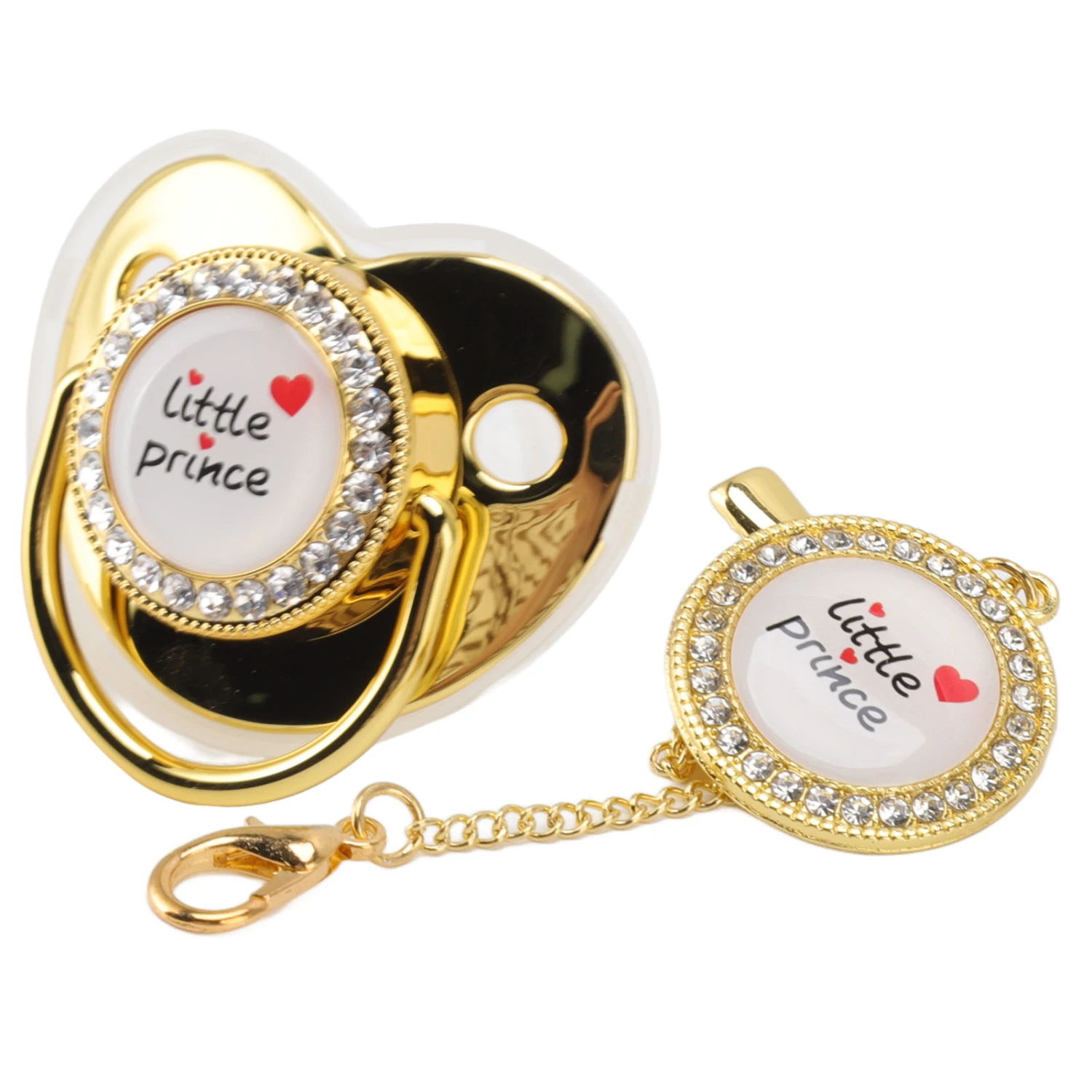 Baby Luxury Pacifier BPA Free Little Prince Rhinestones Golden Bling Newborn Dummy Soother for 6 to 18 Months Baby Gold