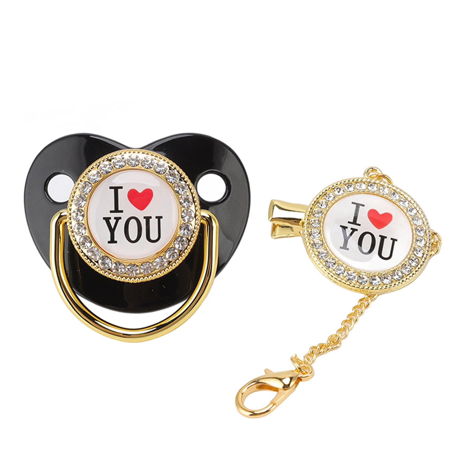 Baby Pacifier Bling I Love You Pattern Exquisite Gift Infant Dummy Pacifier with Chain Clip for Newborn Black M