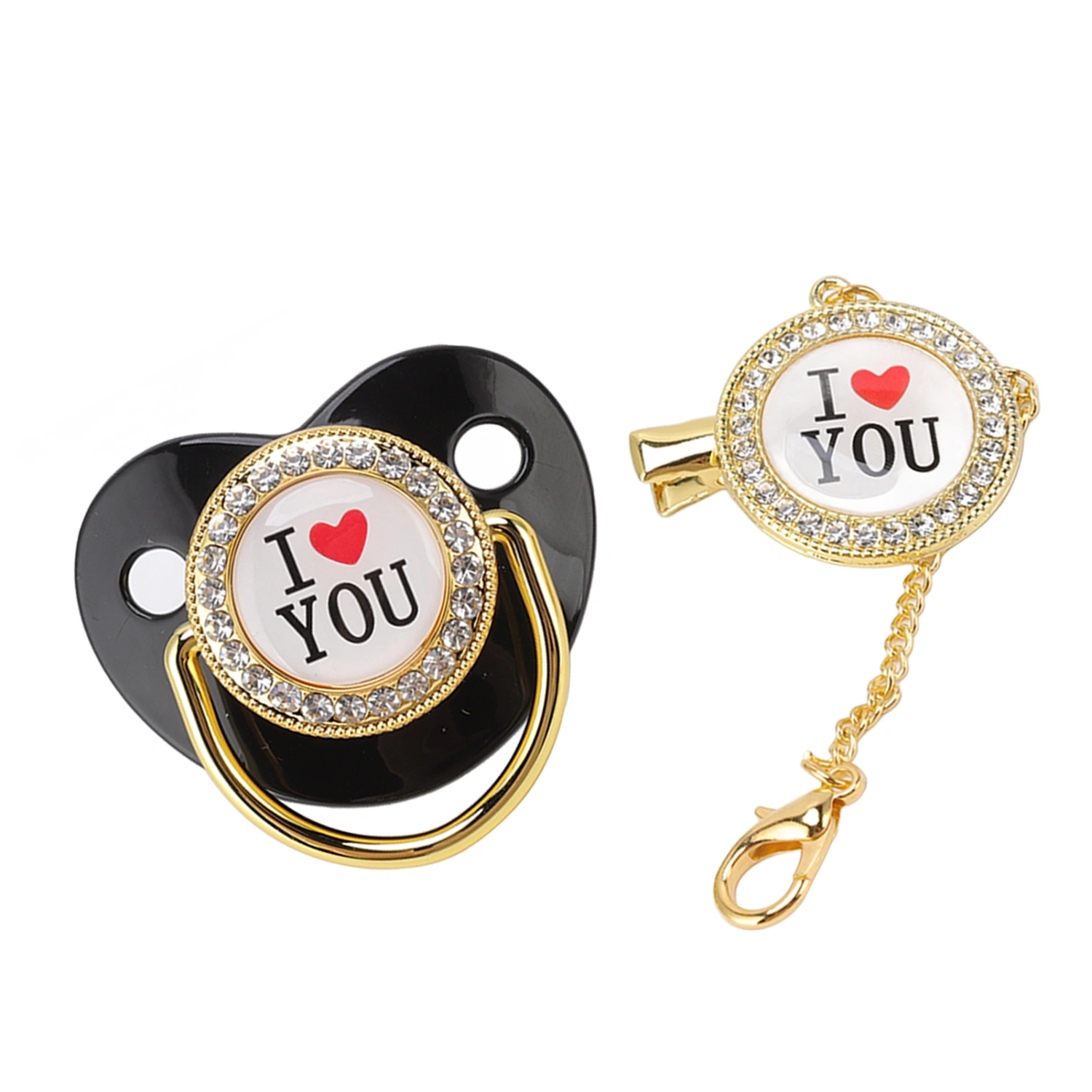 Baby Pacifier Bling I Love You Pattern Exquisite Gift Infant Dummy Pacifier with Chain Clip for Newborn Black M