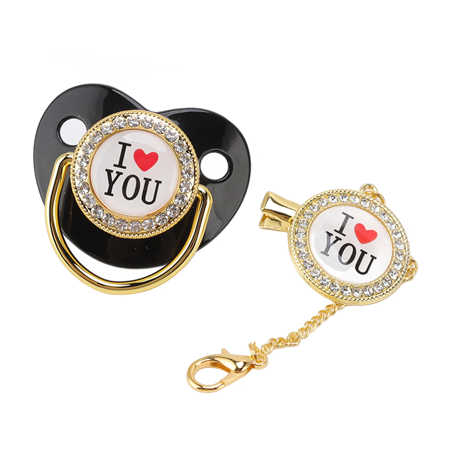 Baby Pacifier Bling I Love You Pattern Exquisite Gift Infant Dummy Pacifier with Chain Clip for Newborn Black M