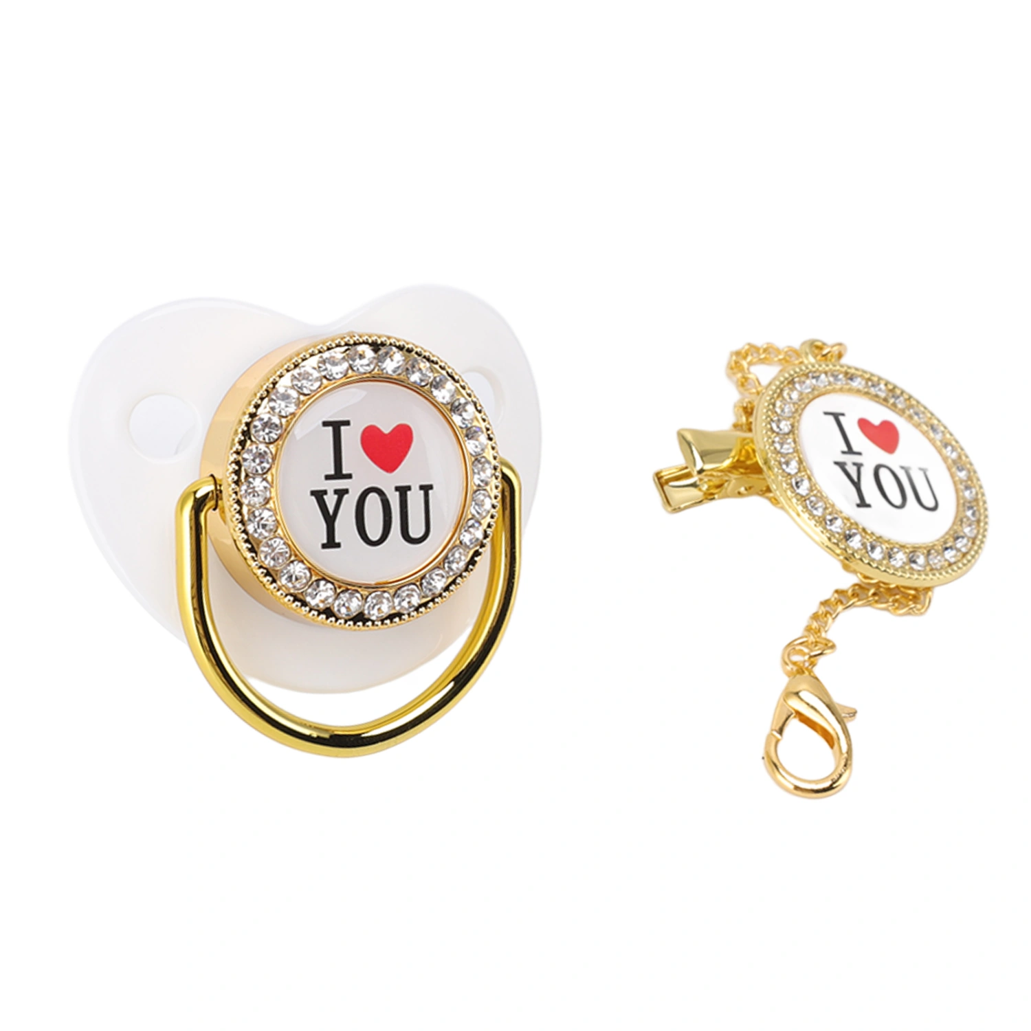 Baby Pacifier Bling I Love You Pattern Exquisite Gift Infant Dummy Pacifier with Chain Clip for Newborn White M