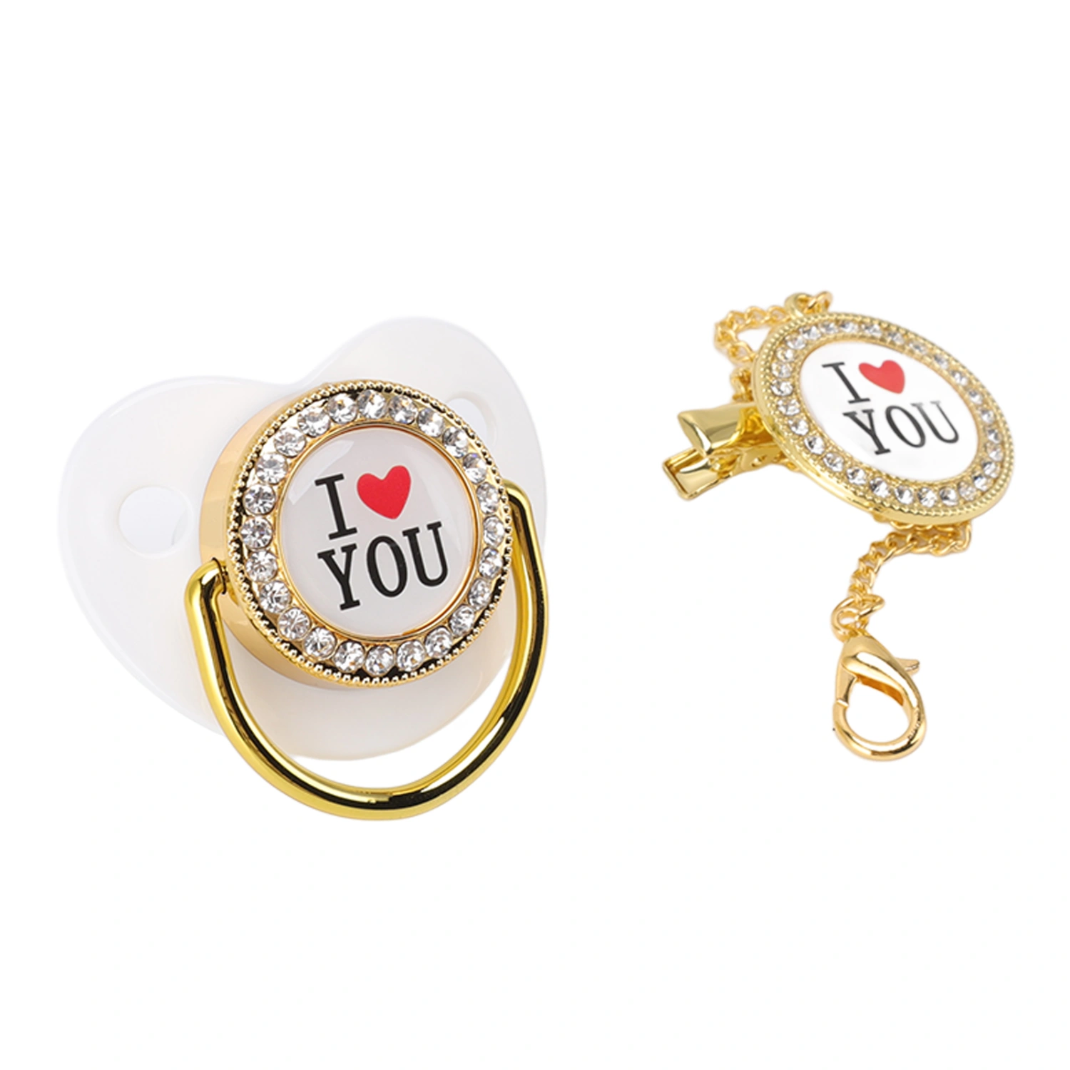 Baby Pacifier Bling I Love You Pattern Exquisite Gift Infant Dummy Pacifier with Chain Clip for Newborn White M