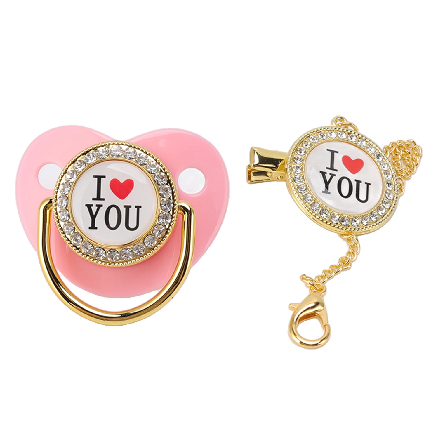 Baby Pacifier Bling I Love You Pattern Exquisite Gift Infant Dummy Pacifier with Chain Clip for Newborn Pink M