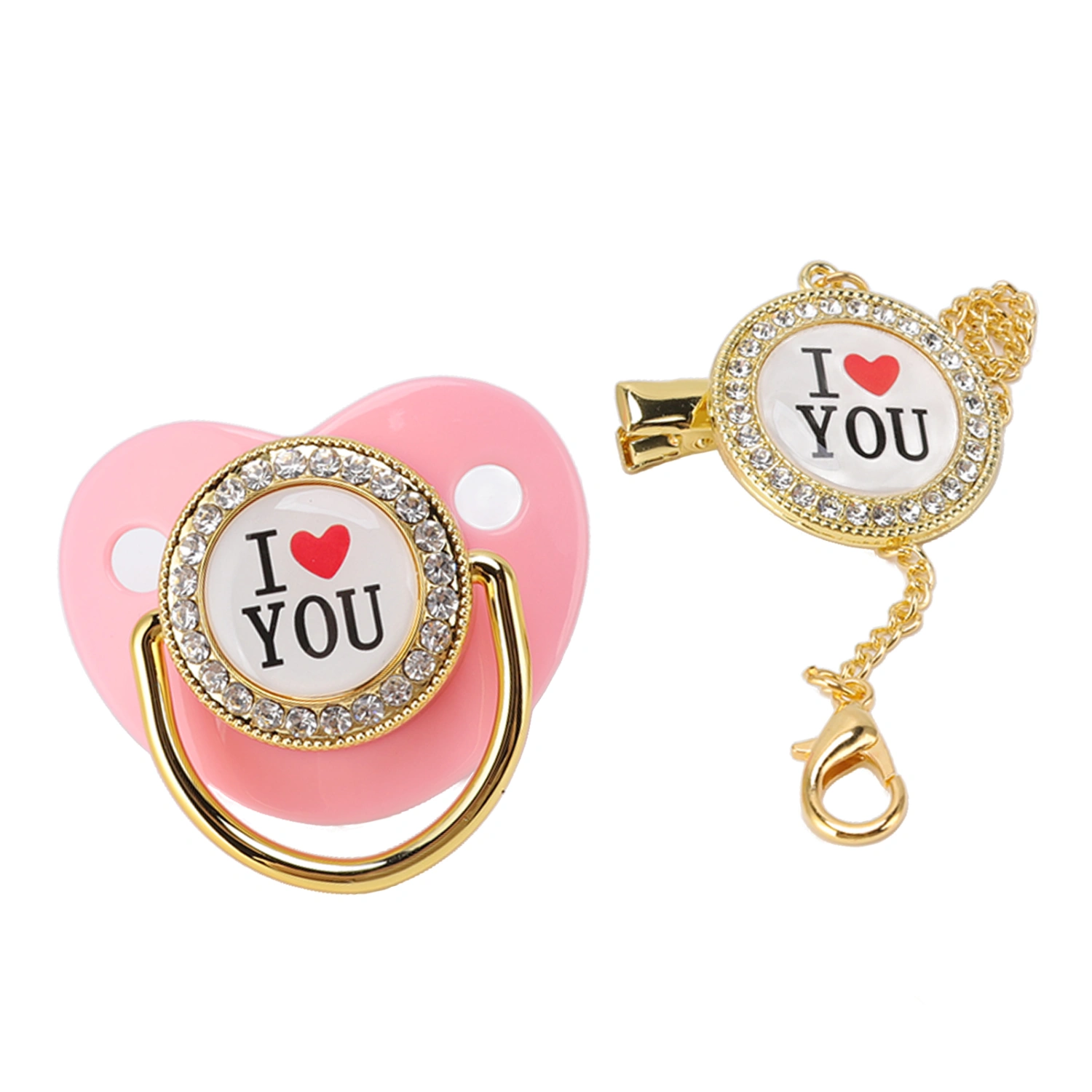 Baby Pacifier Bling I Love You Pattern Exquisite Gift Infant Dummy Pacifier with Chain Clip for Newborn Pink M