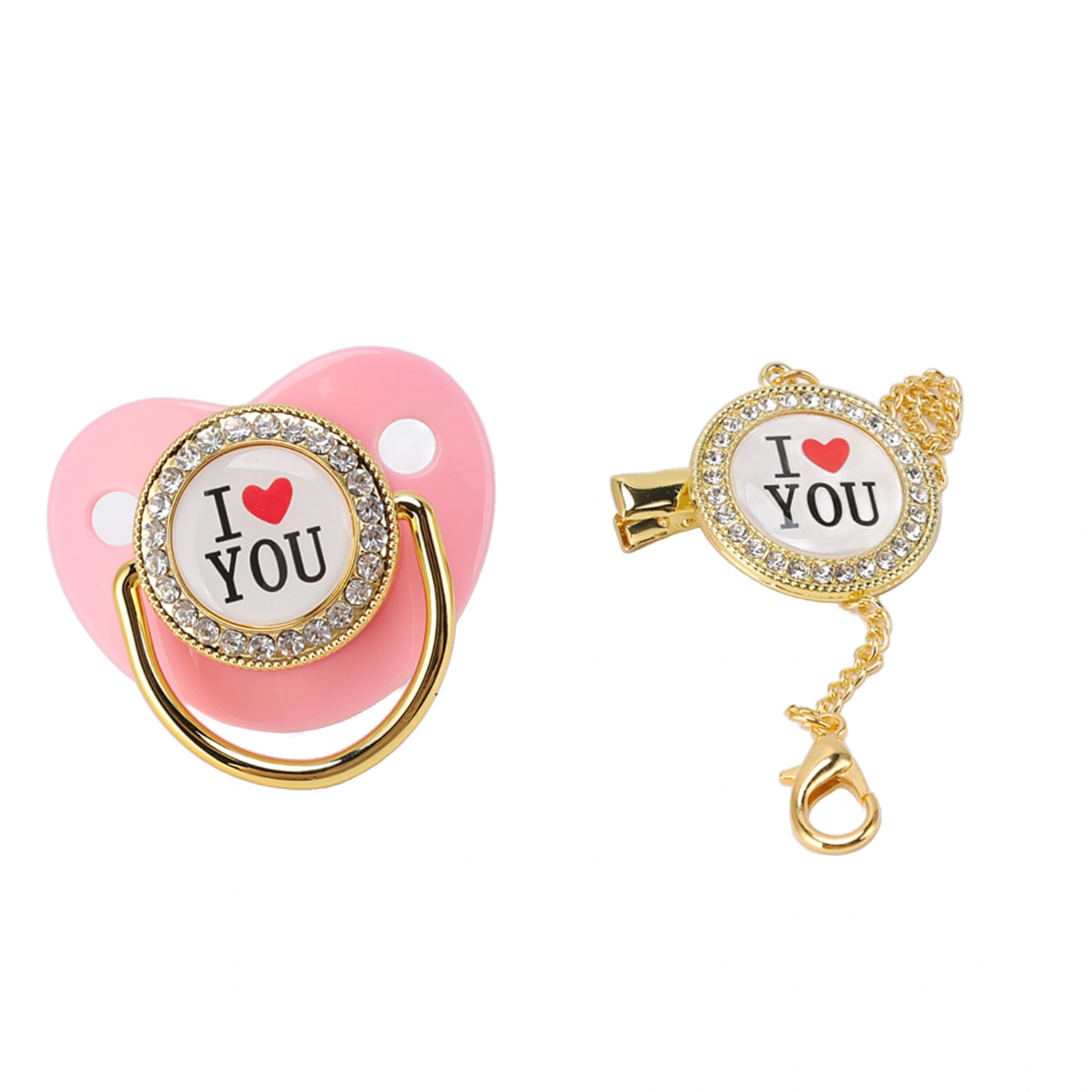 Baby Pacifier Bling I Love You Pattern Exquisite Gift Infant Dummy Pacifier with Chain Clip for Newborn Pink M