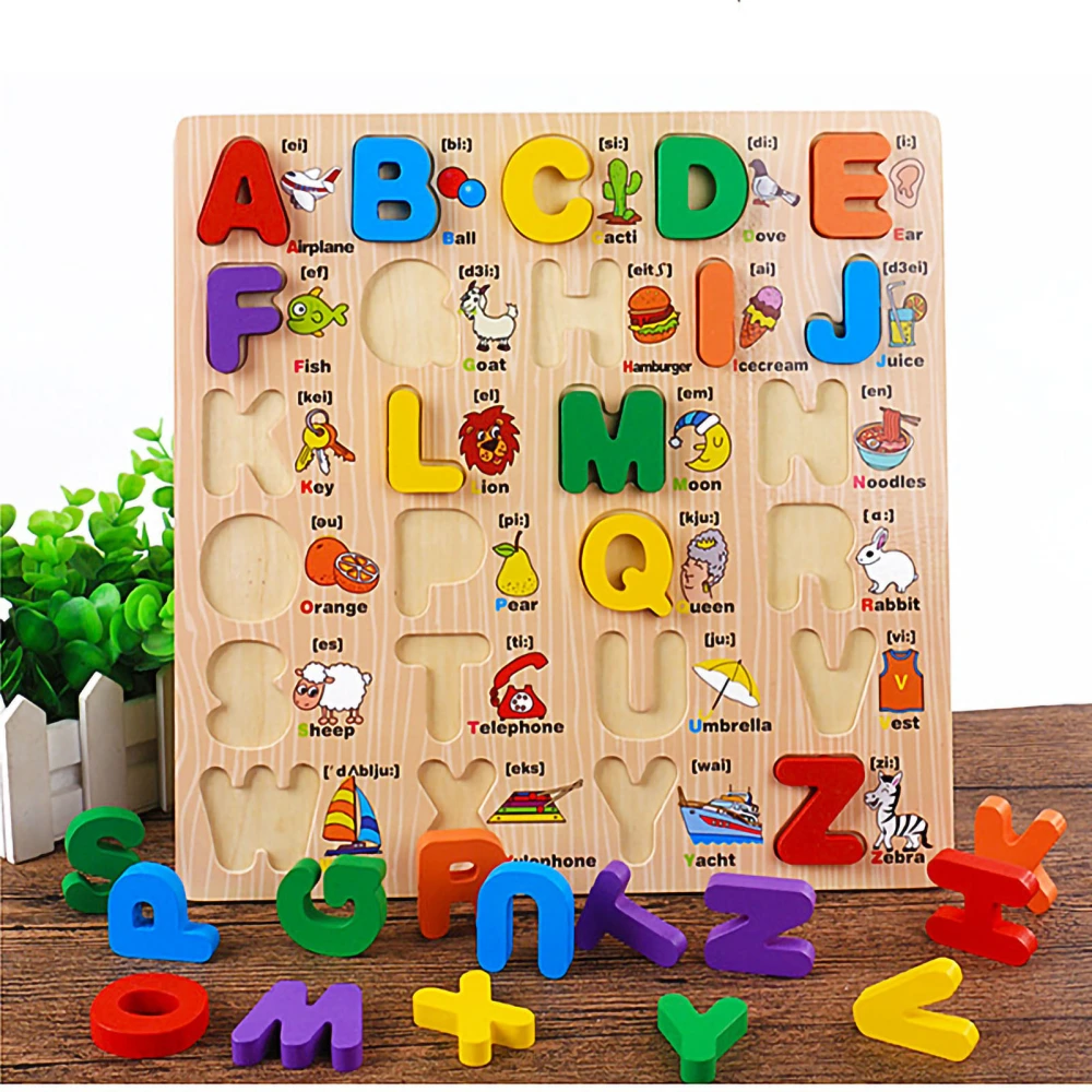 Wooden Alphabet Puzzle Preschool Toddler Cartoon Pattern Learning Educational Letter Puzzle Board Capital Letter Board