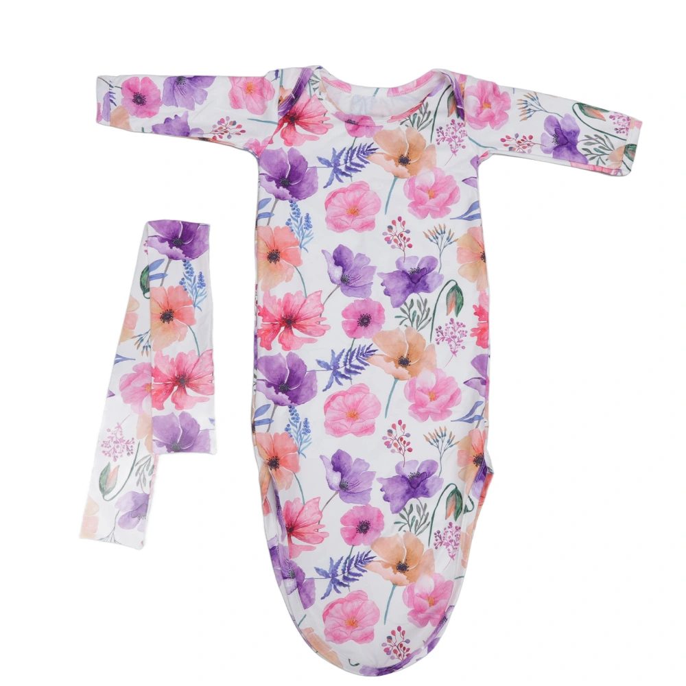 Baby Knotted Nightgown Breathable Soft Comfortable Infant Sleeping Gown with Hair Band Rose Watercolor Flowers