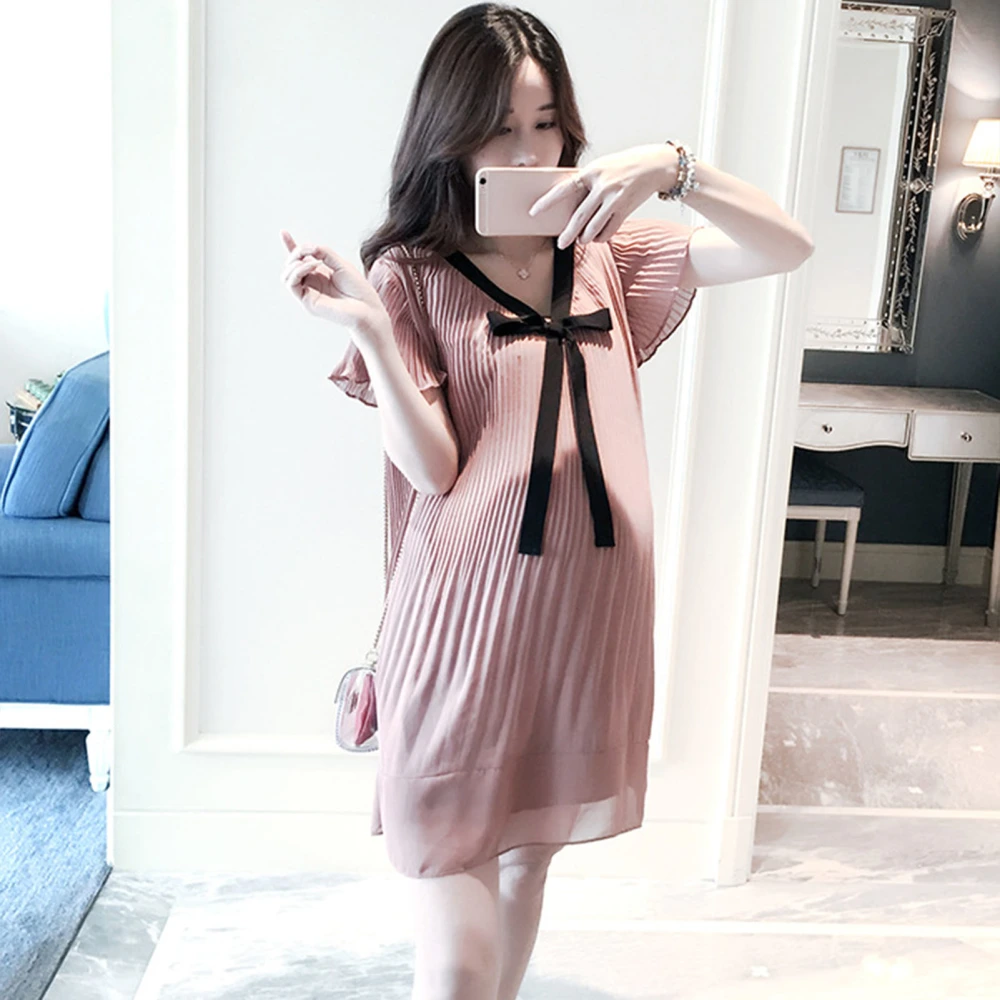 Women Loose Pleated Dress Soft Breathable Elegant Bow Maternity Dress for Daily Life Shopping Pink XL