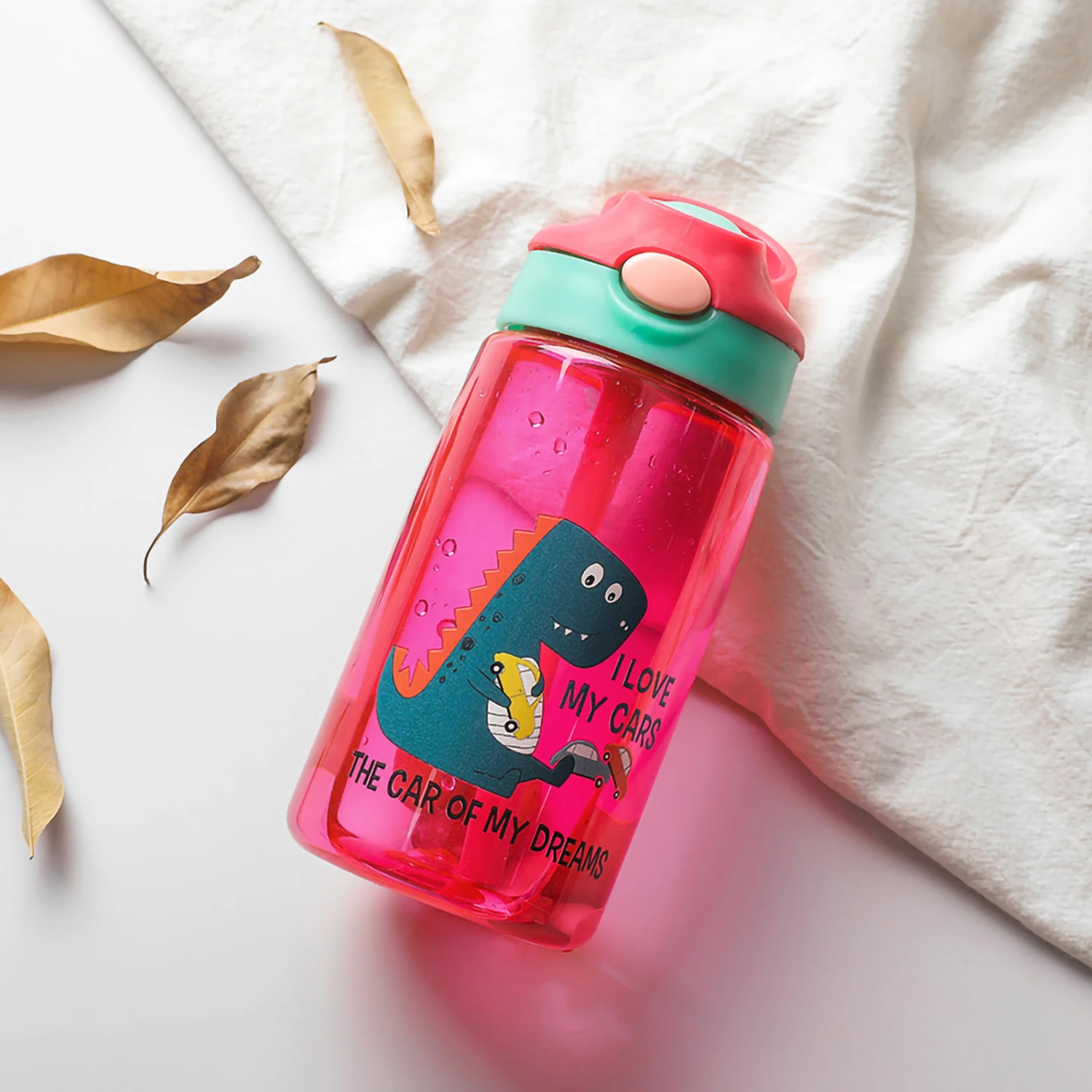 Kids Water Bottle with Straw Lid Cute Dinosaurs 480ML Safe Food Grade PP Material Toddler Water Bottle Red 480ML