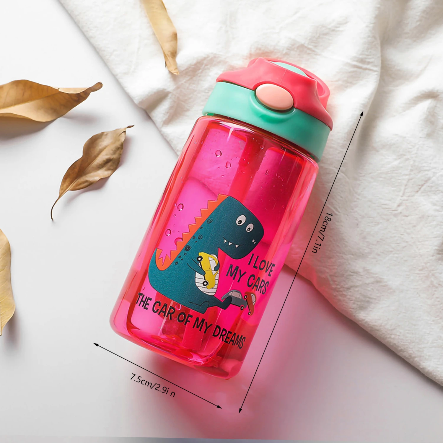 Kids Water Bottle with Straw Lid Cute Dinosaurs 480ML Safe Food Grade PP Material Toddler Water Bottle Red 480ML