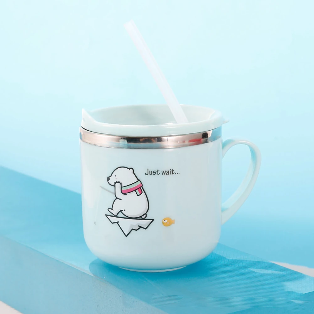 Kids Water Bottle 304 Stainless Steel Safe Odorless Rust Resistant Cute Cartoon Baby Straw Cup with Handle Nordic Blue with Straw