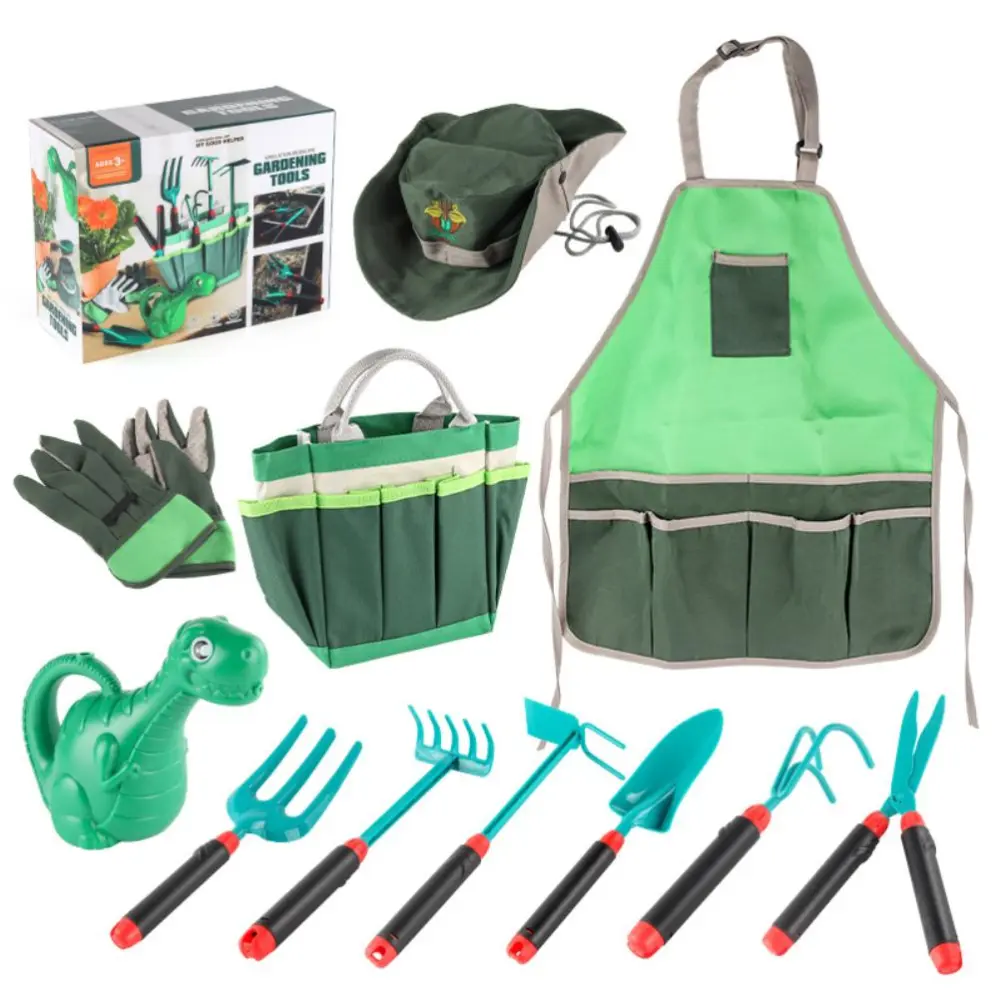 11Pcs Kids Gardening Tools Set Includes Tote Bag Spade Rake Fork Apron Gloves Watering Can Outdoor Toys Gift for Boys Girls