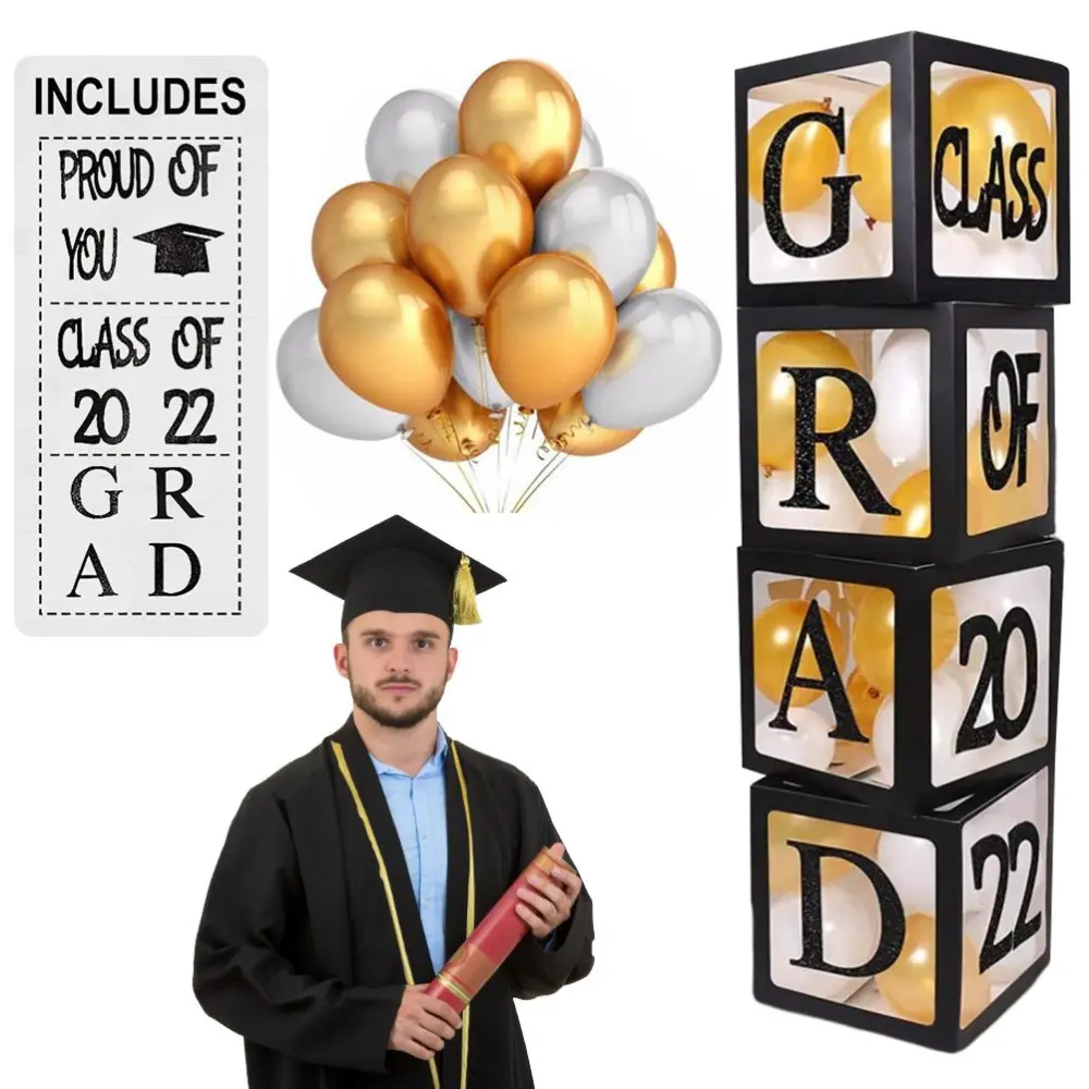 2022 Graduation Party Decorations 4Pcs Clear Balloon Box with 24Pcs 10inch Balloons PROUD OF YOU CLASS OF 2022 GRAD Letters Decorations