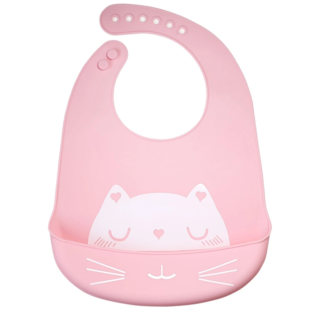 Baby Silicone Bib Cat Pattern Waterproof Oil Proof Adjustable Feeding Bib with Food Catcher Pink