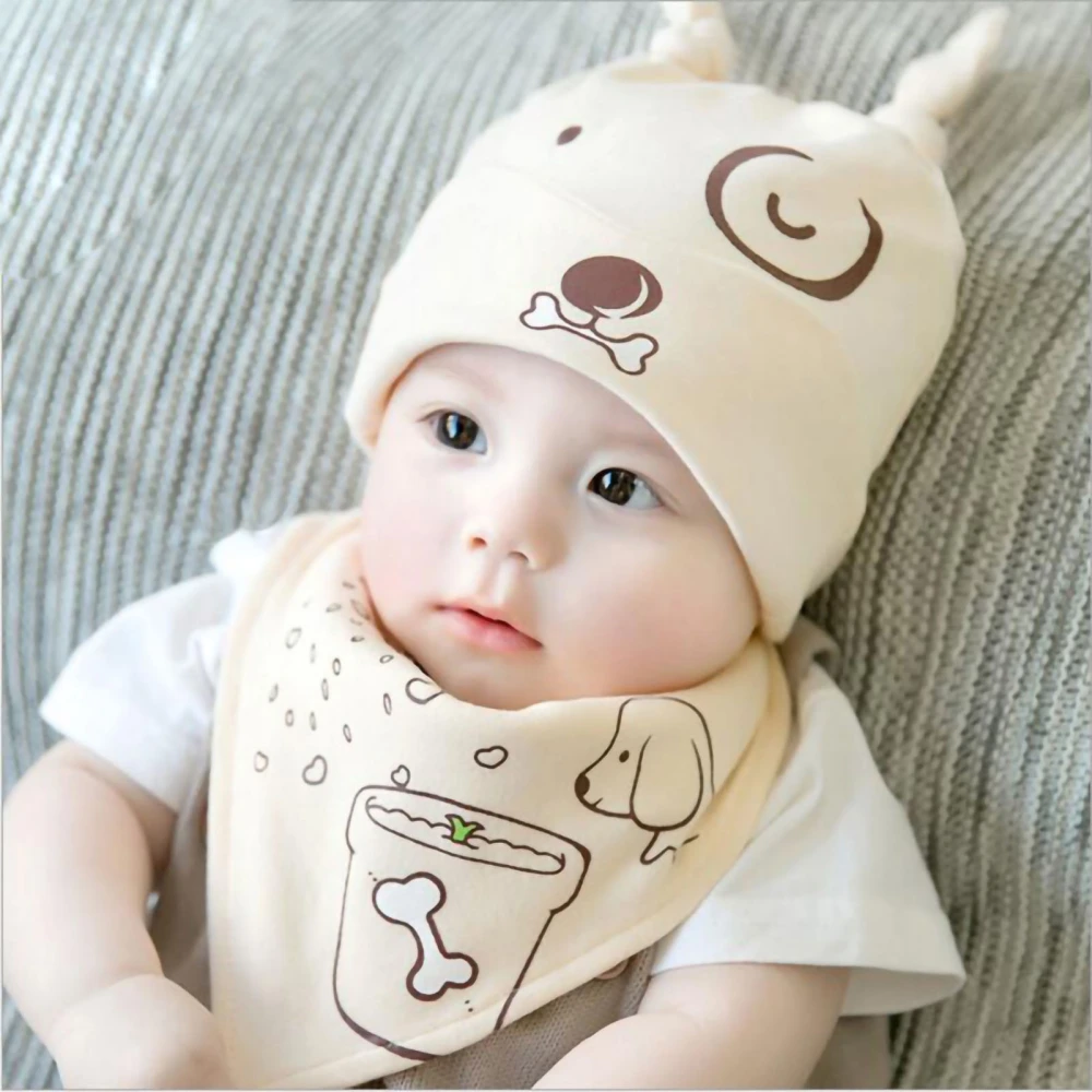 Baby Hat Scarf Warmer Earflap Cotton Spring Hood Autumn Beanie for 3‑6 Months Boys Girls Beige Set