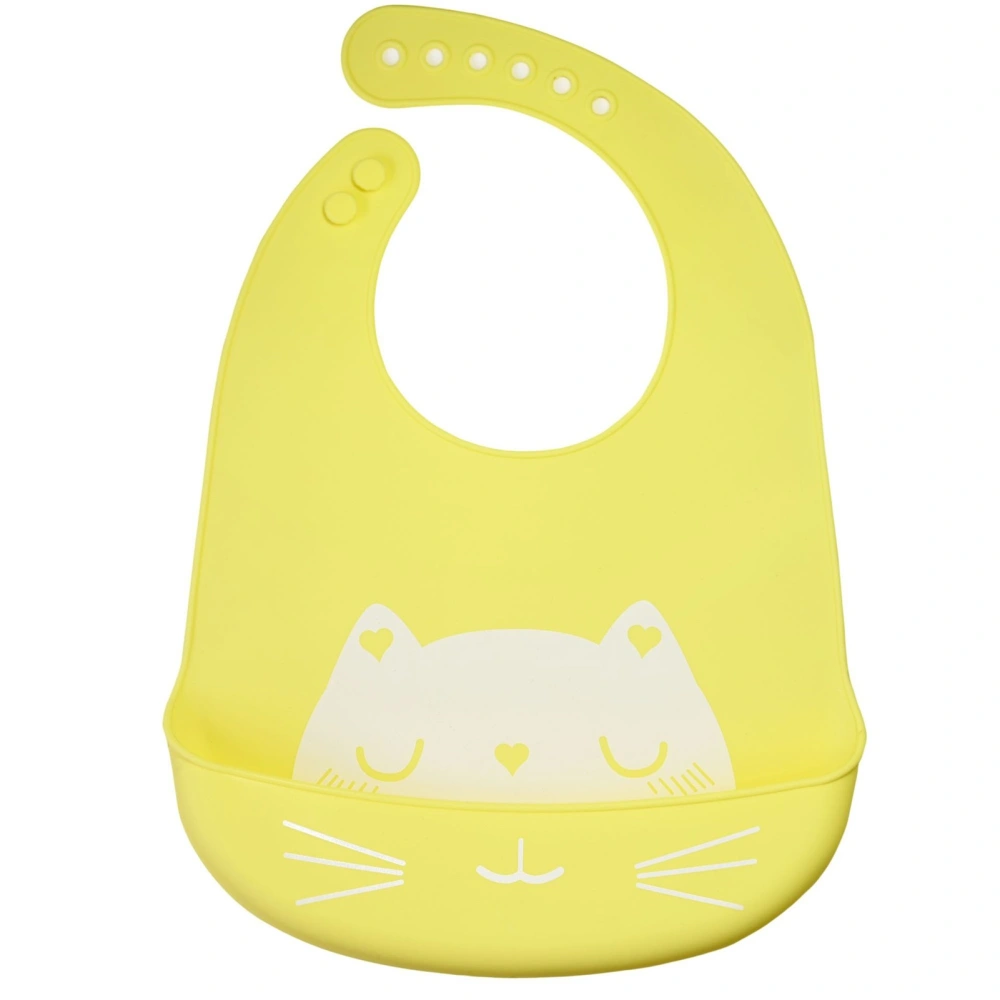 Baby Silicone Bib Cat Pattern Waterproof Oil Proof Adjustable Feeding Bib with Food Catcher Yellow