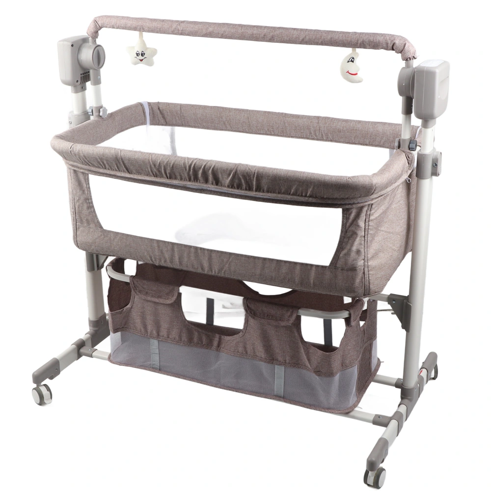 Portable Crib Adjustable Height Electric 5 Swaying Modes Soothing Music Foldable Portable Baby Bed for Travel khaki Mosquito Net and Basket