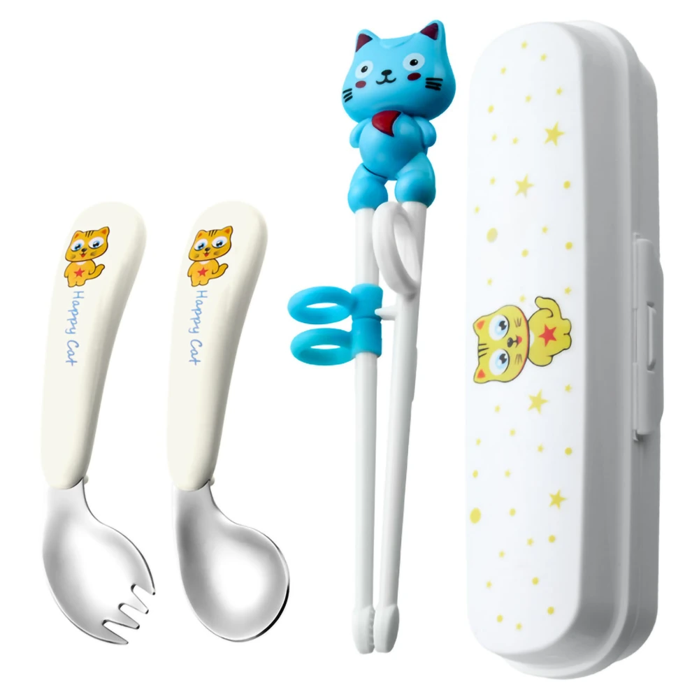 Kids Cutlery Set Stainless Steel Cartoon Style Glossy Safe Durable Spoon Fork Chopsticks Training Kids Lunch Utensils White Crooked Fork Spoon Chopsticks White Box