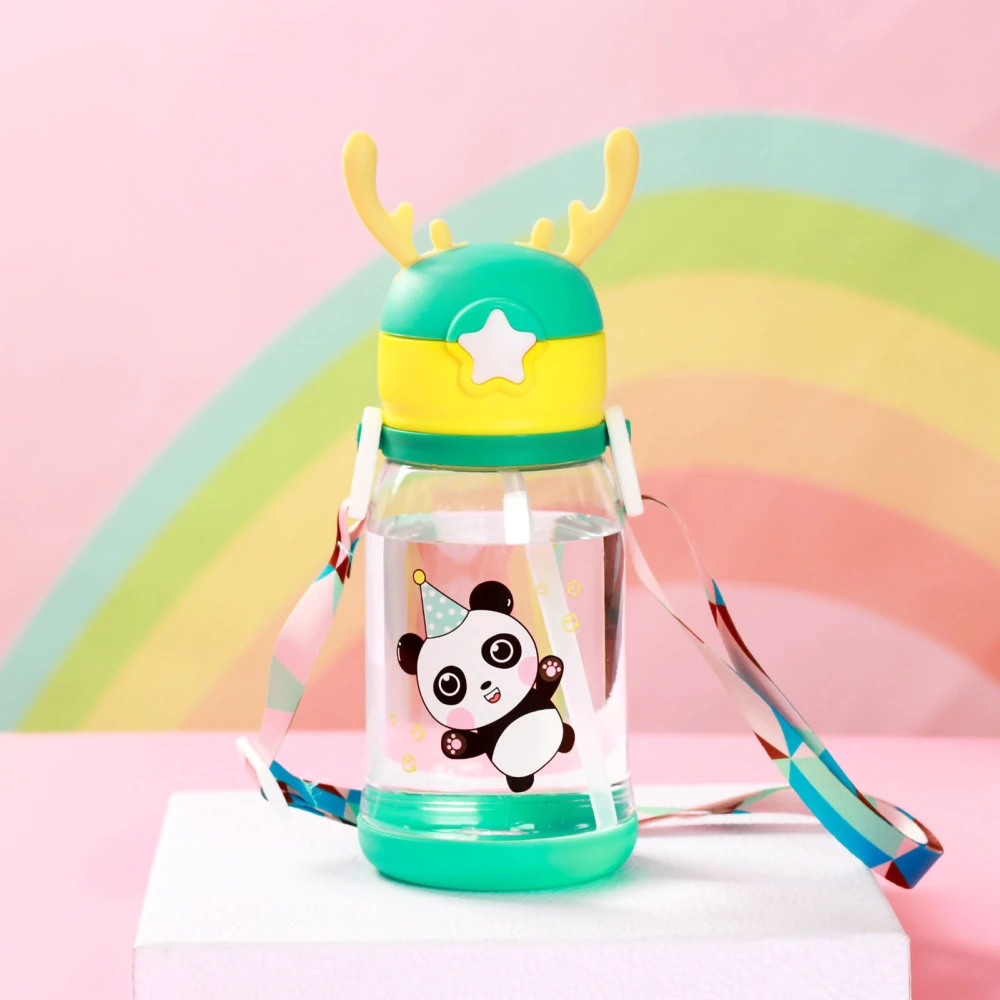 600ml Antler Shaped Water Bottle Cartoon Kids Water Bottle with Straw Portable Water Cup for Children Green Panda