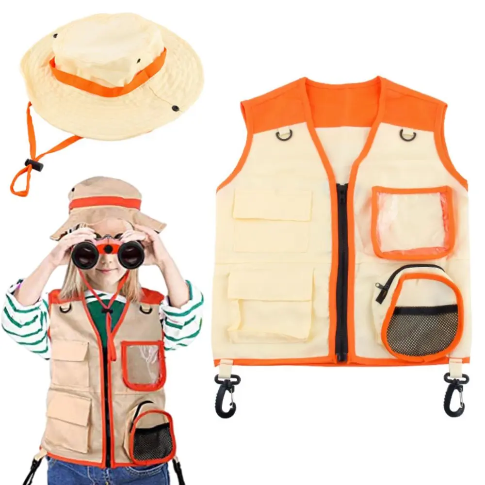 2Pcs Kids Explorer Costume Set Cargo Vest and Hat Outdoor Explorer Kit Role Play Cosplay for Insect Explorer Zookeeper Park Ranger