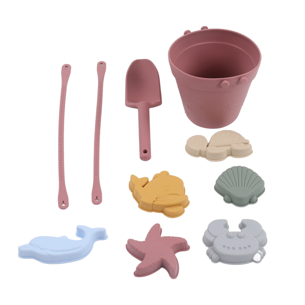 Silicone Beach Toys Baby Sand Play Toys Set Includes Silicone Bucket Animal Model Sand Shovel StringBrick Red