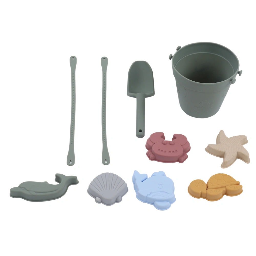 Silicone Beach Toys Baby Sand Play Toys Set Includes Silicone Bucket Animal Model Sand Shovel StringOlive Green