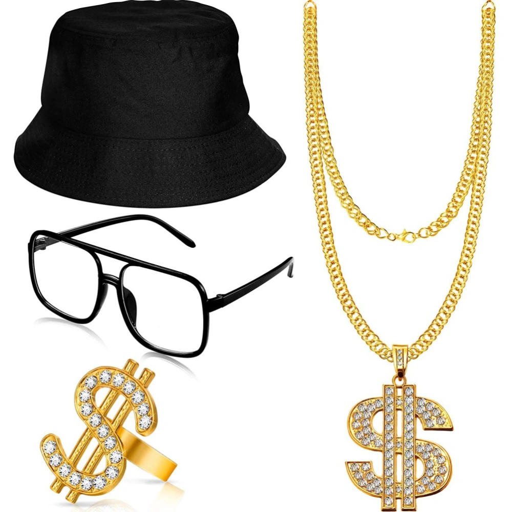 4Pcs Hip Hop Costume Kit Bucket Hat Sunglasses Dollar Sign Chain Ring Rapper Accessories Cool Look for Carnival Theme Party