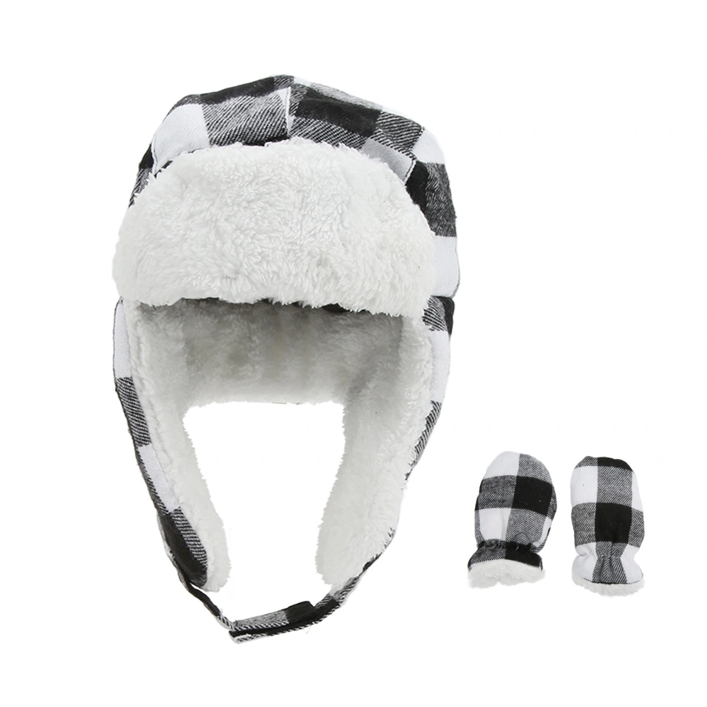 Baby Hat Gloves Set Infant Toddler Stylish Black White Plaid Winter Soft Plush Warm Keeping Hat Mitten