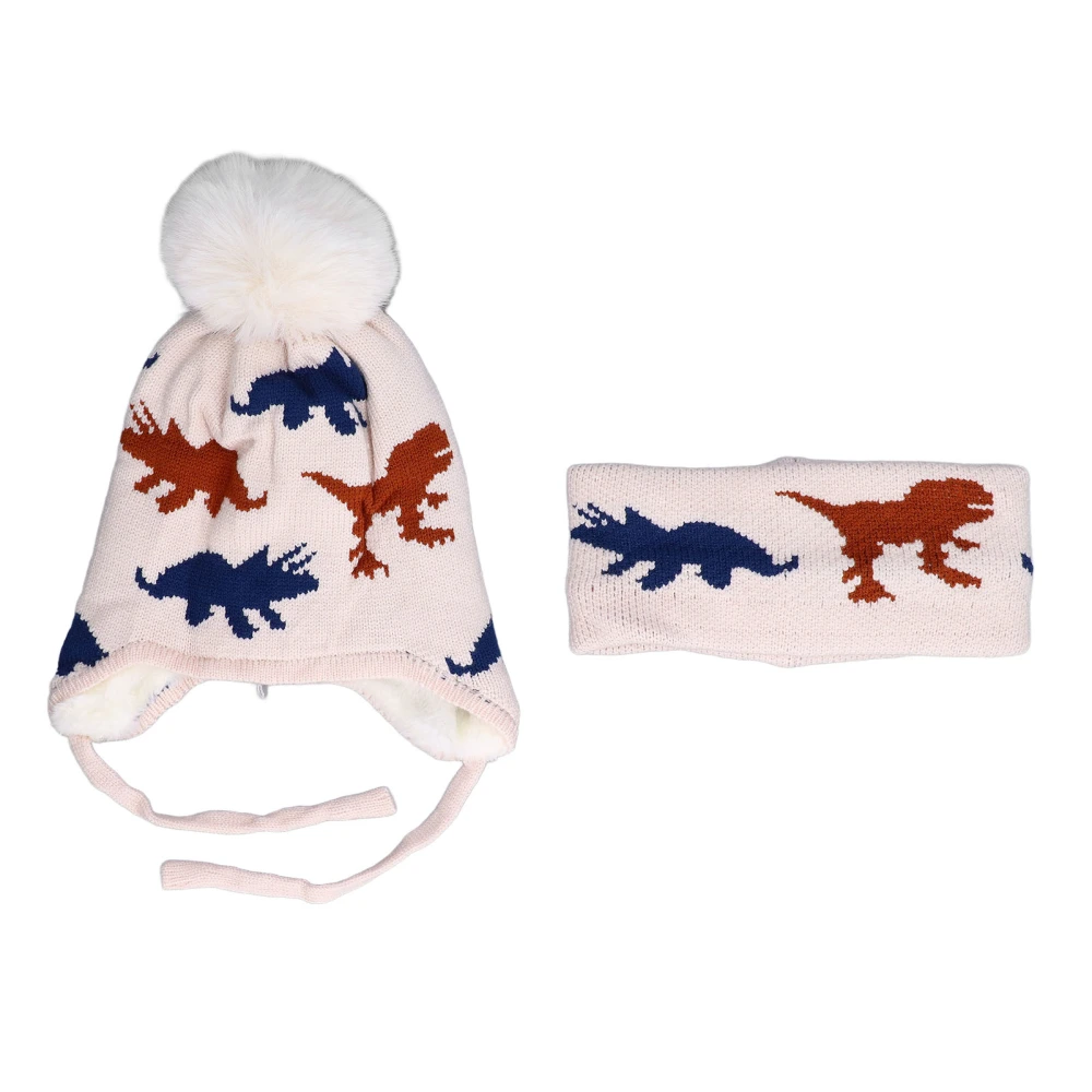 Baby Winter Hat Scarf Set Double Layered Warm Soft Comfortable Cartoon Dinosaur Pattern Autumn Clothing for OutdoorBeige