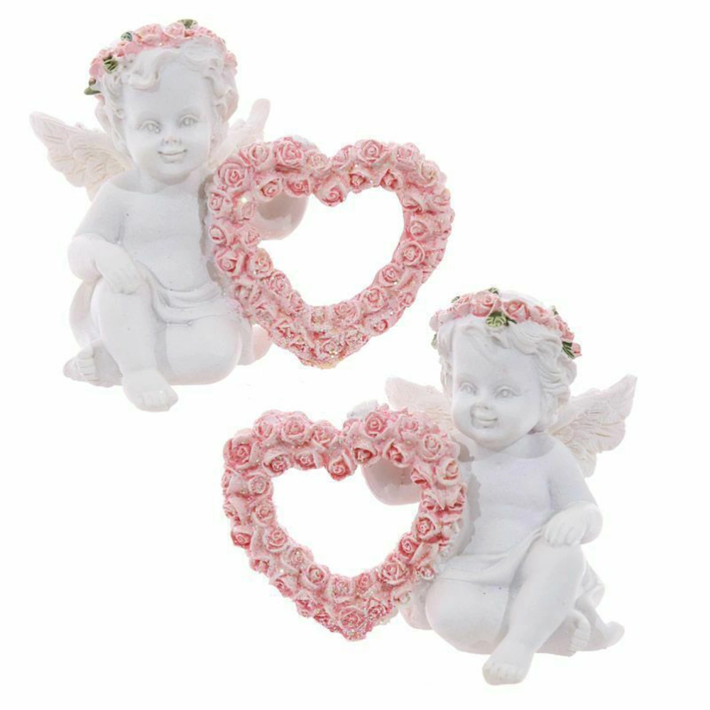 Set of 2 Resin Cherubs Statue Figurine White Holding Heart Rose Wreath Sculpture Indoor Outdoor Garden Patio Decoration