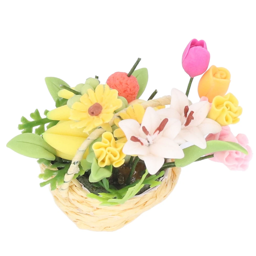 Miniature Flower Fruit Basket Exquisite Craftsmanship Small Portable Long Lasting Color 1:12 Scale Flower Fruit Basket