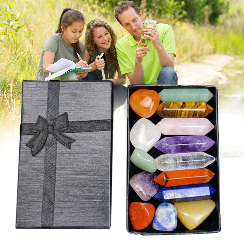 14PCS Seven Chakra Hexagonal Column Crystal Power Stone Set Amethyst Pink Chakra Crystals Set Gift for Friends