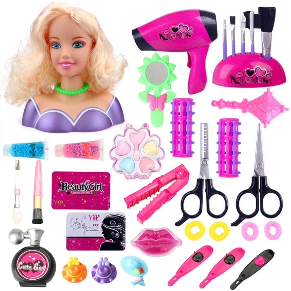 Makeup Pretend Playset for Children Hairdressing Styling Head Doll Hairstyle Toy Gift with Hair Dryer for Kids Girls