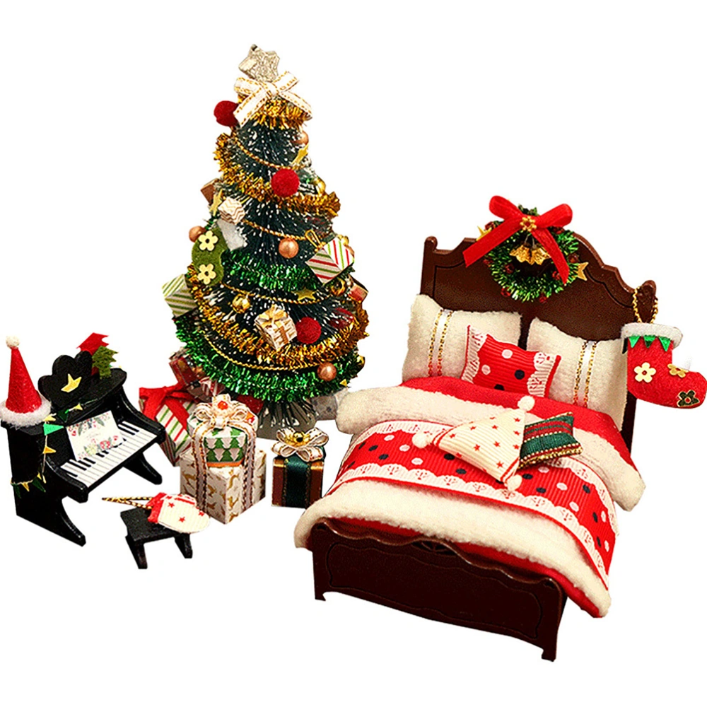 DIY Christmas Miniature Dollhouse Kit Realistic 3D House Room Craft with Bed Quilt Pillow Piano Lights Christmas Wreath Christmas Tree Xmas Gift