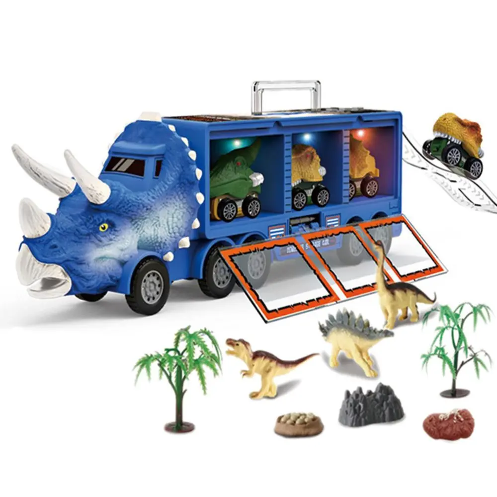 Kids Transport Dinosaur Container Truck with Lights and Music Dinosaur Animal Model Storage Cars Removable Inertial Pull Back Transport Carrier Toys