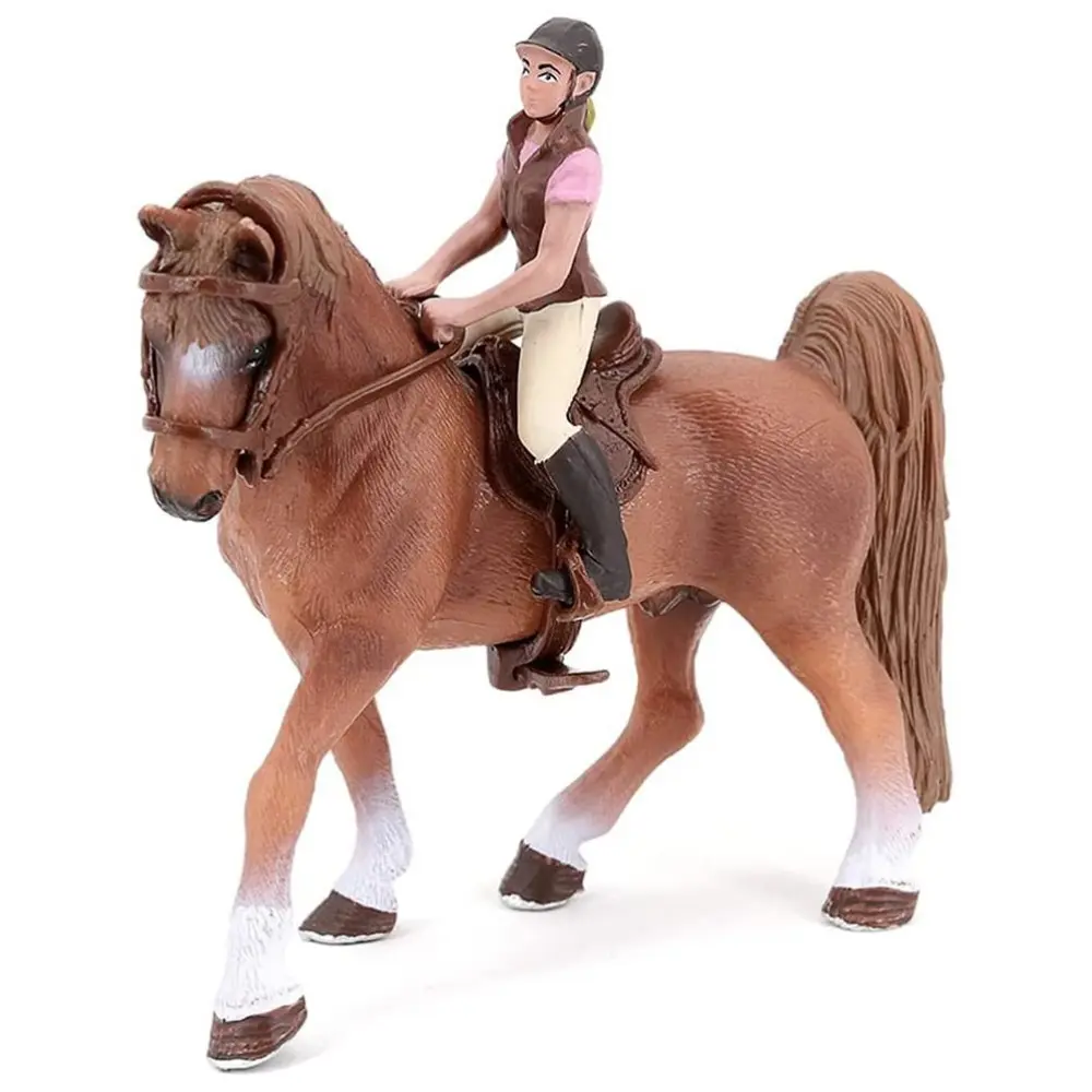 Miniature Simulation Brown Horse with Horsewoman Figurine and Saddle Animal Figure Collection Model Toys for Kids