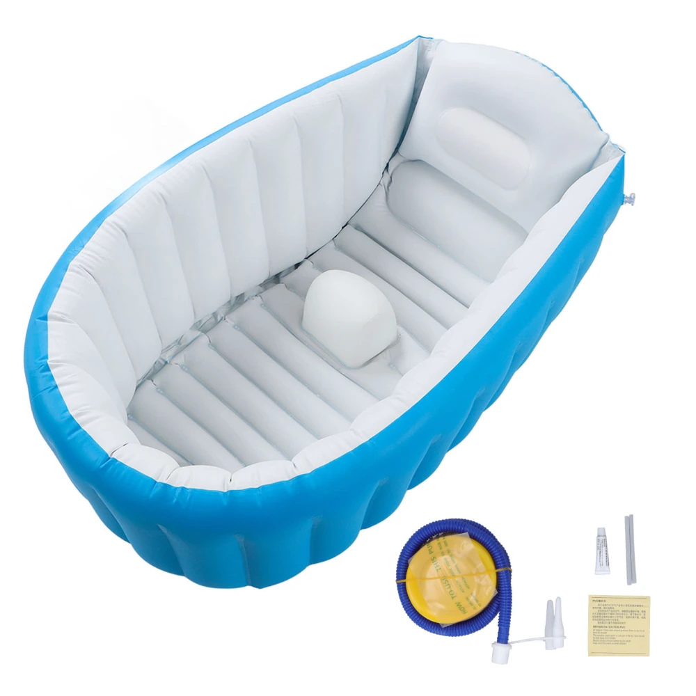 Inflatable Baby Bathtub with Air Pump Water Level Marker Skid Resistance Bottom Foldable Toddler Bathtub for Shower Room Blue