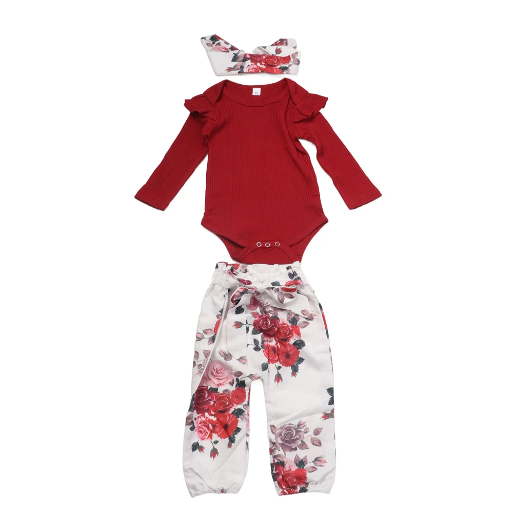 Newborn Outfits Baby Floral Printed Suit Wine Red Cotton Outfits with Long Sleeve 80cm