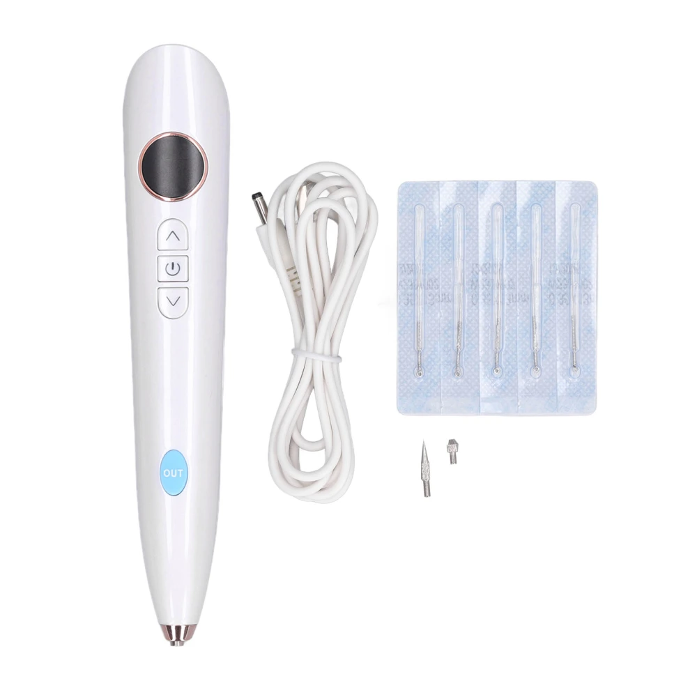 Mole Remover Pen 9 Gears LED Screen Freckle Removal Lighting Skin Spots Beauty Pen with Replace Needles White Plug in Type