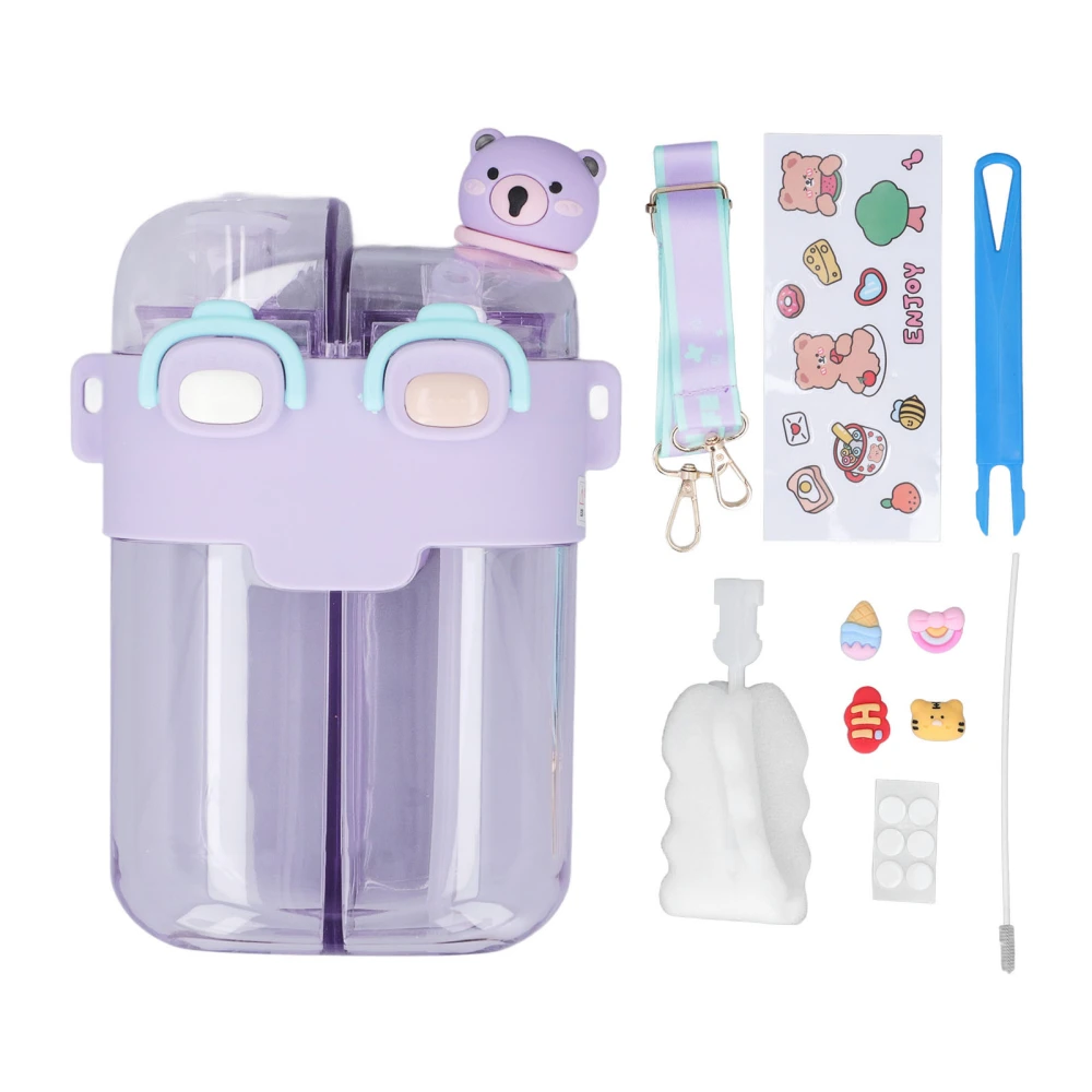 Cute Water Bottle 780ML Dual Use Leakage Proof Kawaii Drink Bottle with Straw Adjustable Strap Sticker Purple