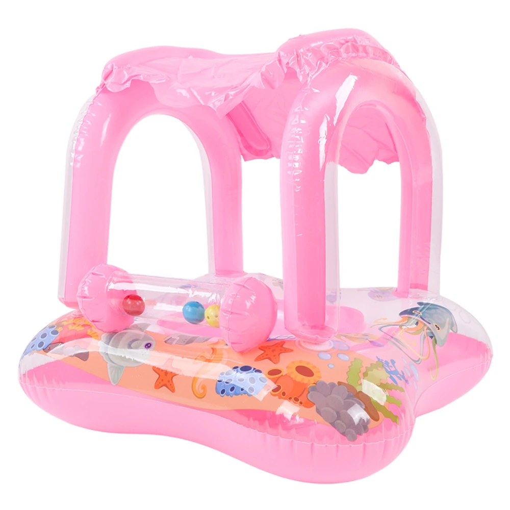 Baby Pool Float Sunshade Swim Ring Infants Seat Boat Inflatable Toy with Awning Handle Small Bell Pink