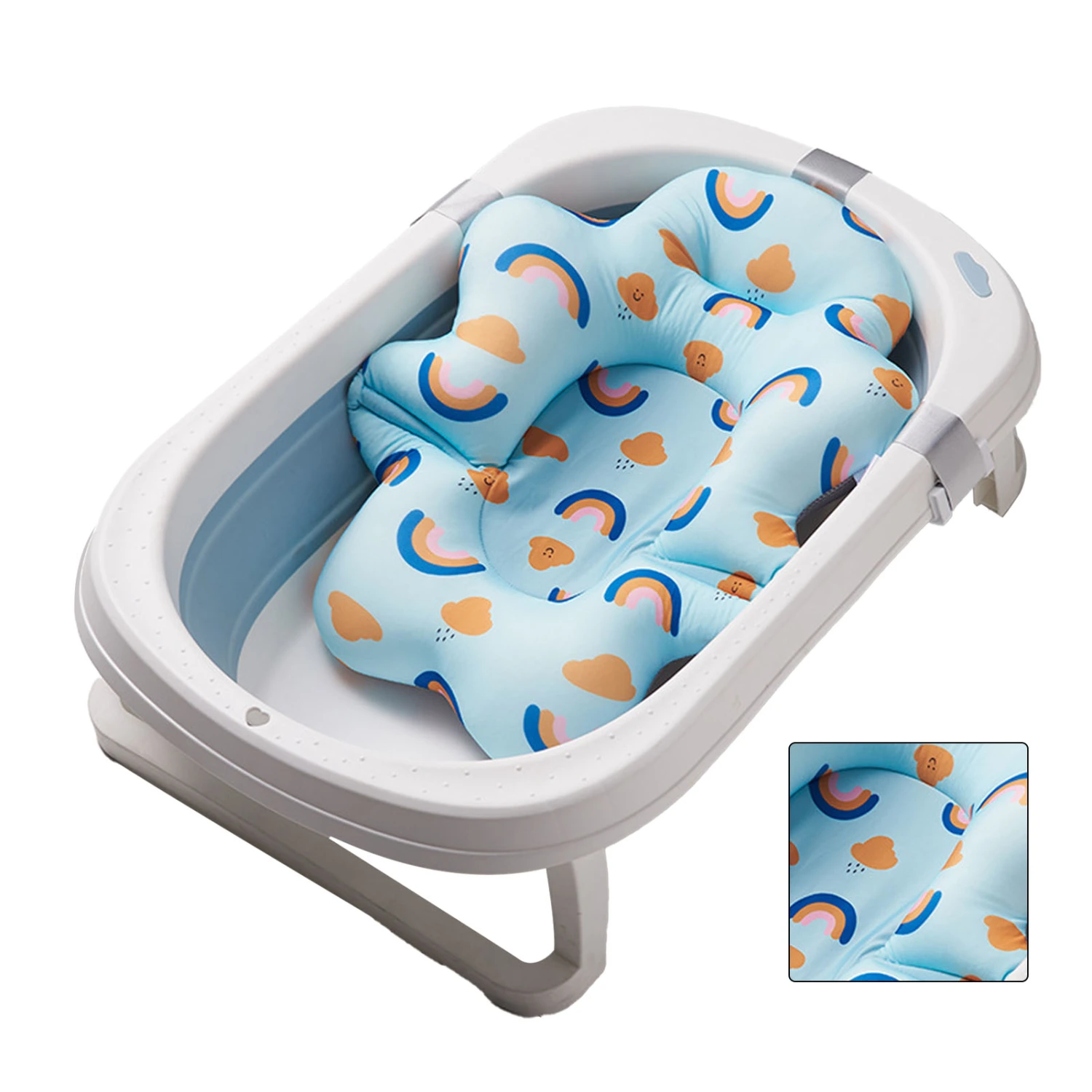 Baby Bath Cushion Pad Adjusted Mesh Support Baby Bath Floating Mat for Infants Newborn Blue Rainbow