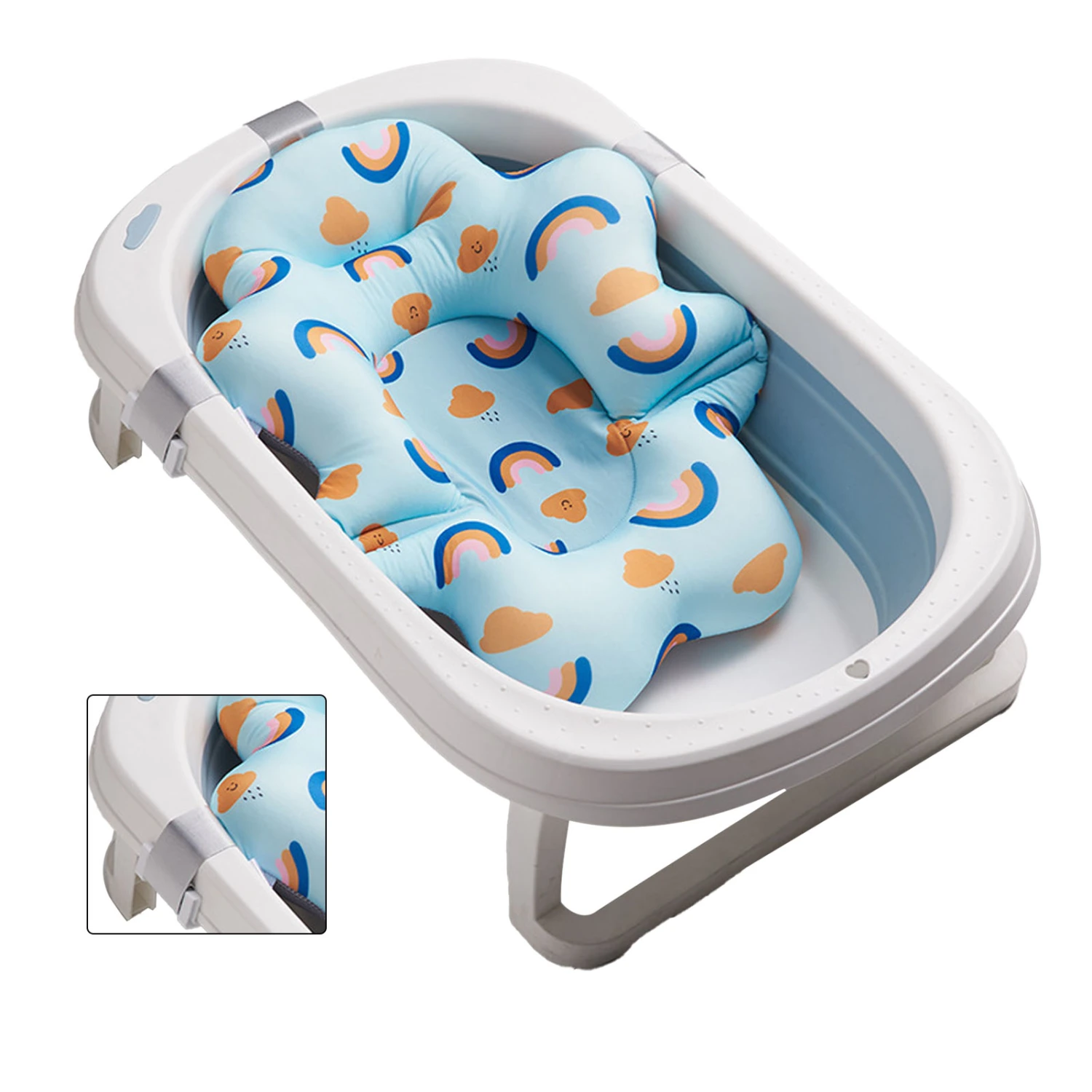 Baby Bath Cushion Pad Adjusted Mesh Support Baby Bath Floating Mat for Infants Newborn Blue Rainbow