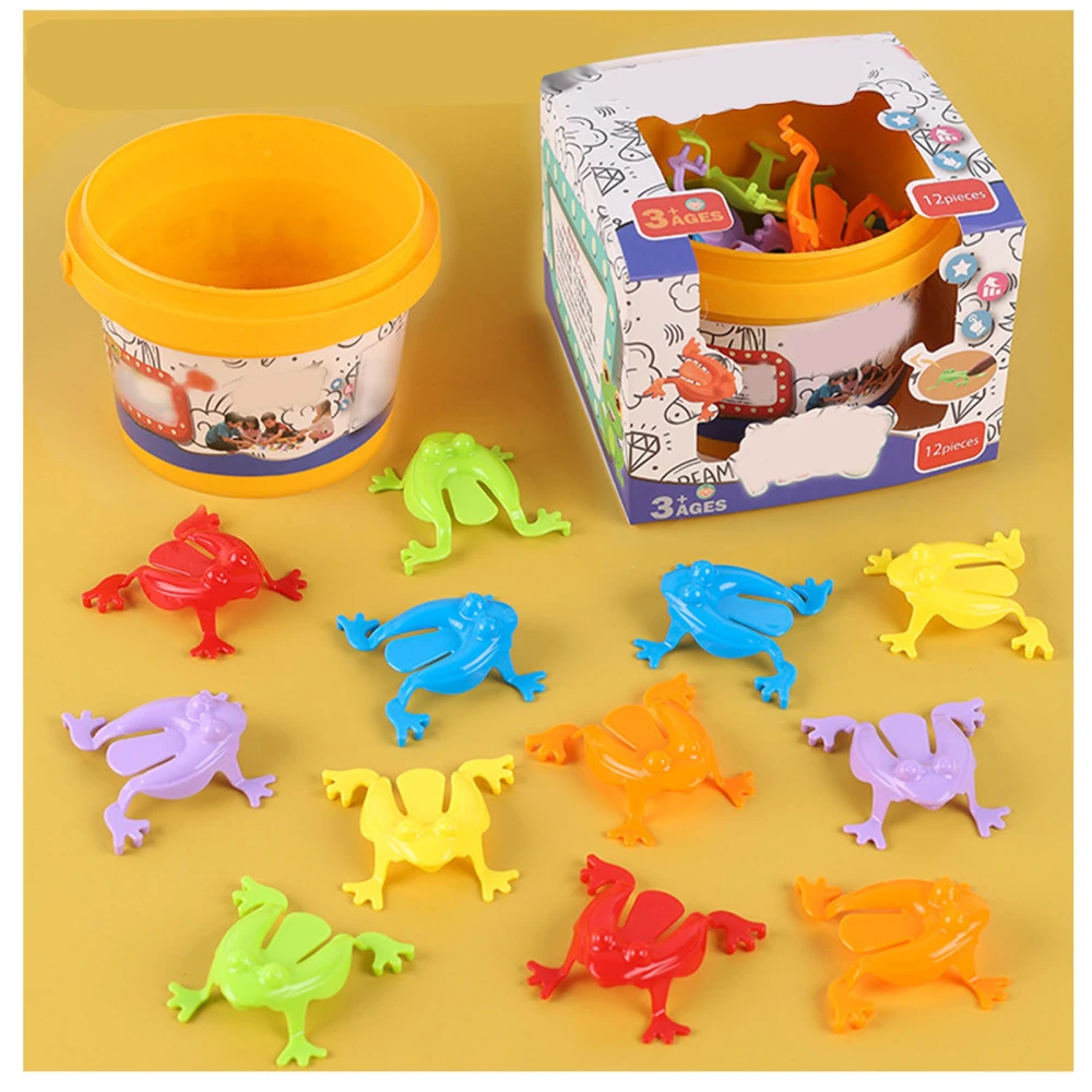 12PCS Colorful Frog Jumping Toys Finger Pressing Leaping Frogs with Bucket Kids Bouncing Toy Set Gift Box Packing