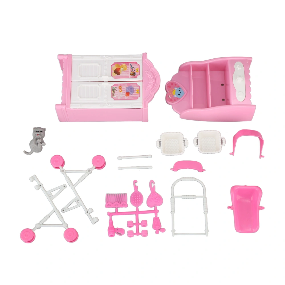 Dollhouse Closet Set Fun Innovative Kitten Model Baby Stroller Miniature Wardrobes Set for Dollhouse Accessories Pink