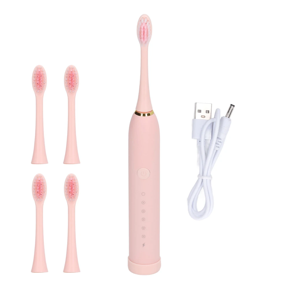 Electric Toothbrush IPX7 Waterproof 6 Modes Rechargeable Automatic Tooth Brush with 4 Heads Pink