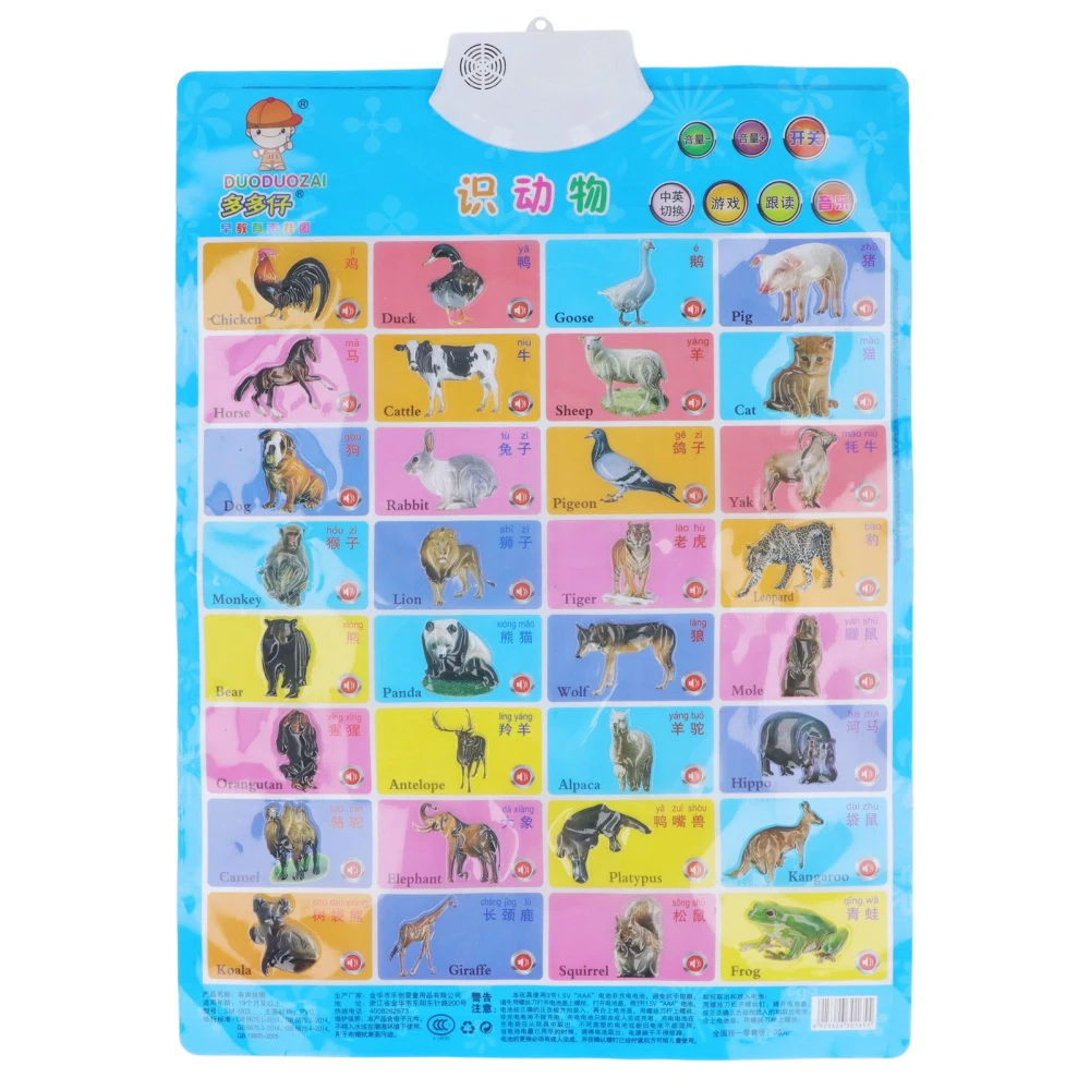 Animal Learning Poster Double Sided Early Learning Bilingual Children Sound Wall Chart for Kindergarten Classroom Home