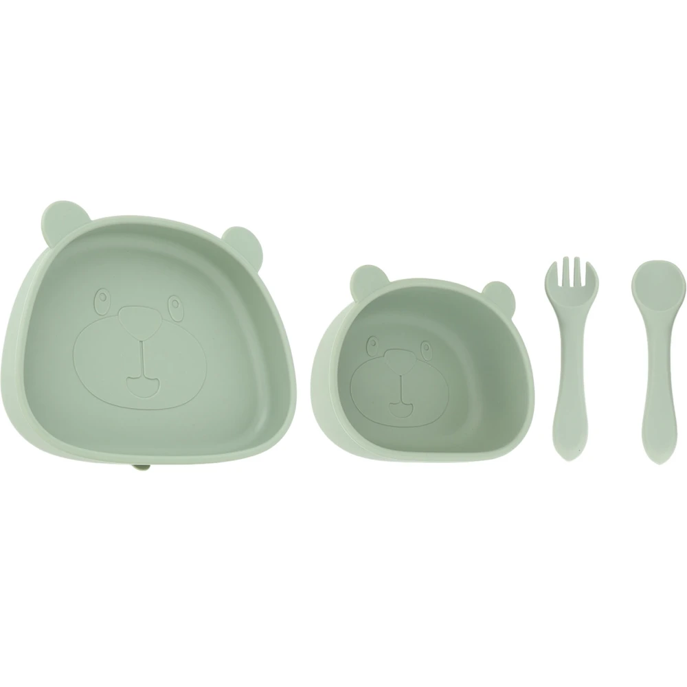 4pcs Children Plate Utensils Set Silicone Suction Bowls Set Toddler Panda Shape Plate Olive Green Bowl Plate Silicone Fork Spoon