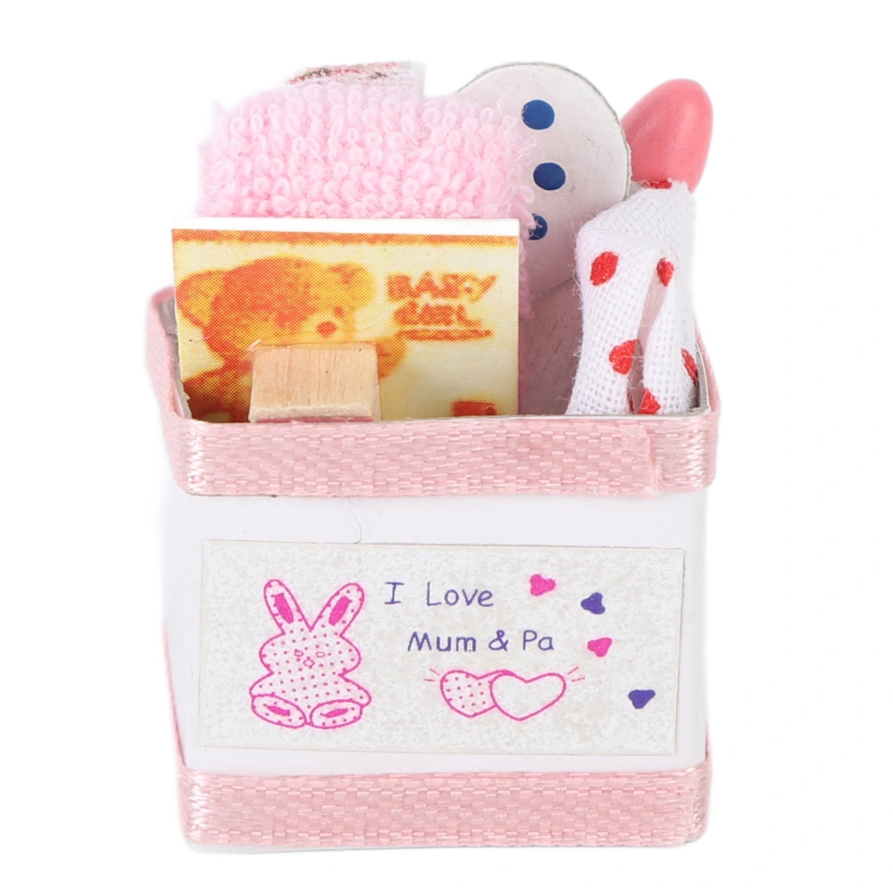 Dollhouse Baby Toy Box Cute Pink Miniature Baby Basket Box with Toys for 1/12 Dollhouse Accessories