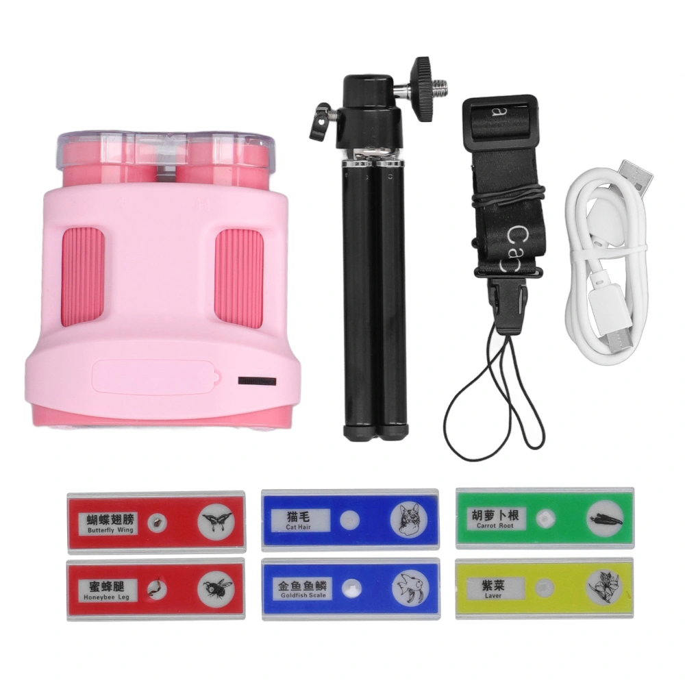 Handheld Dual Lens Microscope Camera with 2in LCD Screen 32G Storage Card Lanyard 6 Specimens Telescope 5‑200X Pink